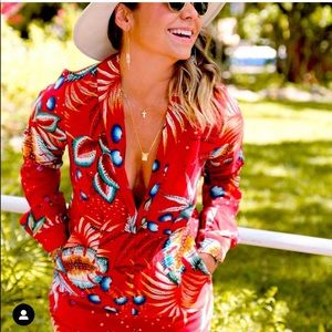 FARM RIO red jumpsuit XS long sleeve deep v neck with pockets